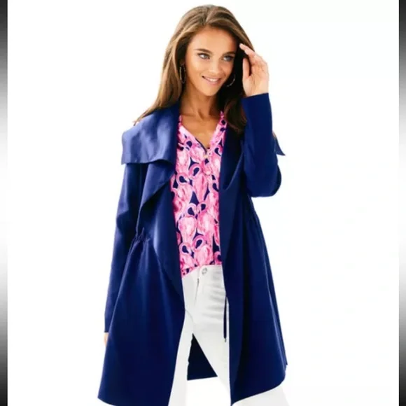 $298 NEW Lilly Pulitzer VALERIA DRESS COAT True Navy Trench Open Front XS - Picture 2 of 10